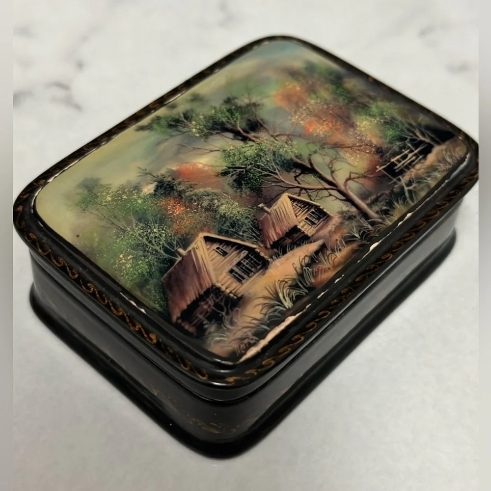 Mother Of Pearl Fedoskino Russian Lacquer Box Papier Mache Hand Painted Box